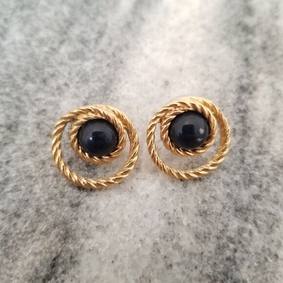 Vintage Black and Gold Tone Rope Twist Design Cabochon Post Earrings, Minimal - Picture 1 of 4